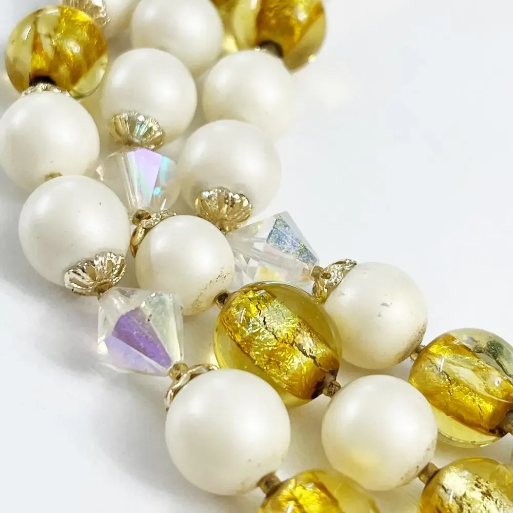 Vintage Mid-Century 3-Strand Faux Pearl Gold & AB Necklace